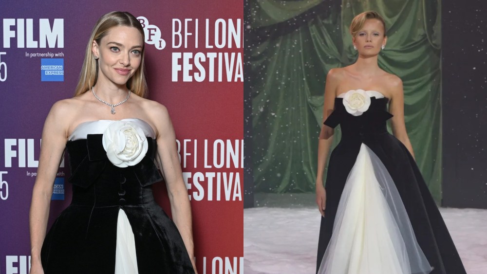 Amanda Seyfried wears a strapless black and white Richard Quinn dress at The Testament Of Ann Lee screening during the 69th BFI London Film Festival Oct. 11, 2025 in London.