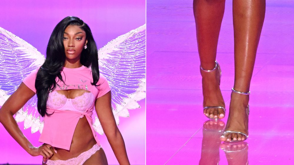 Angel Reese wears René Caovilla silver sandals on the runway of the Victoria's Secret Fashion Show 2025.