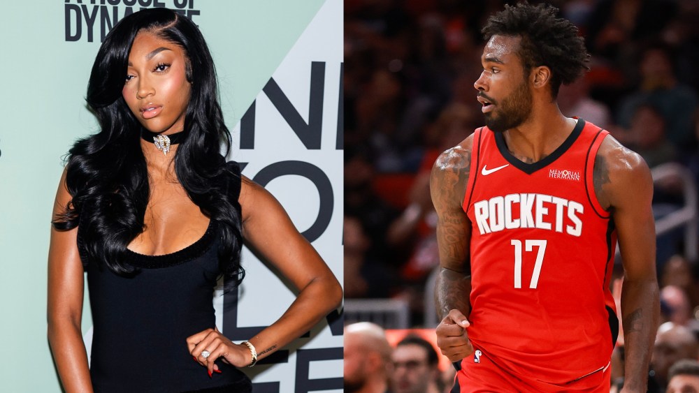 Tari Eason #17 of the Houston Rockets reacts after making a three pointer in the first half of the game against the Brooklyn Nets.