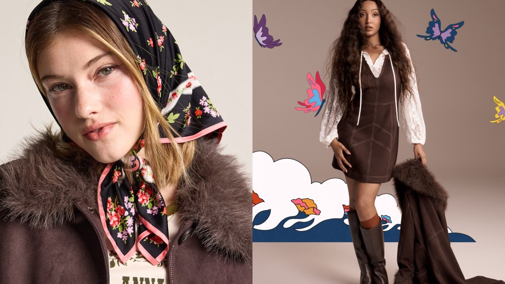 woman modeling the old navy x anna sui headscarf; pinkpantheress dressed in suede coordinates from old navy x anna sui