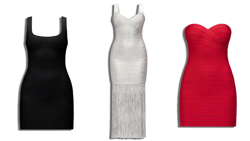 three Hervé Léger bandage dresses in black, silver, and red, over a white background
