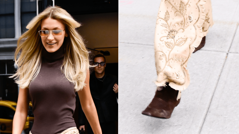 Bella Hadid wearing Khaite coffee-brown Dallas cowboy ankle boots in SoHo, New York City on Wednesday.