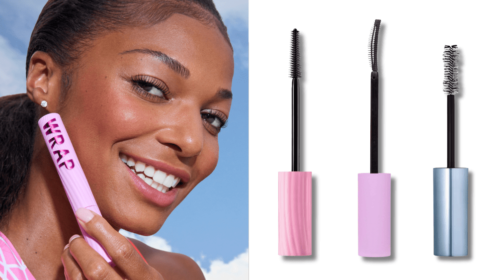 athlete Gabby Thomas posing with covergirl's new wrap mascara for a campaign; three separate mascara wands lined up in a row, coming from multiple bestselling brands