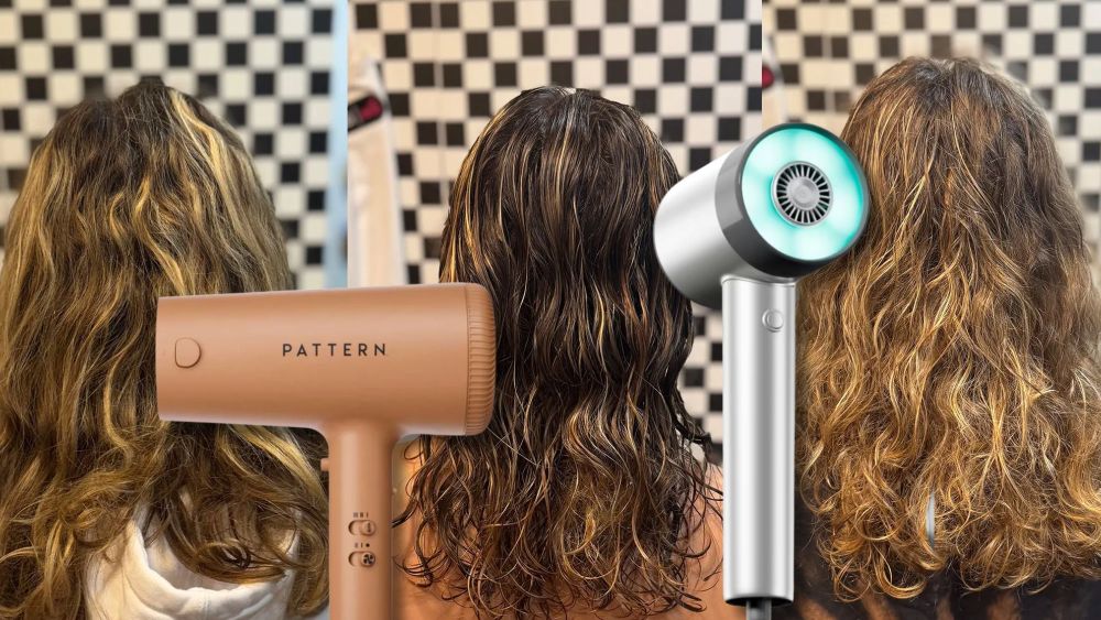 three-part photo collage of author's hair in various states of dryness; pattern beauty and l'oreal hair dryers; best hair dryers for curly hair to shop online