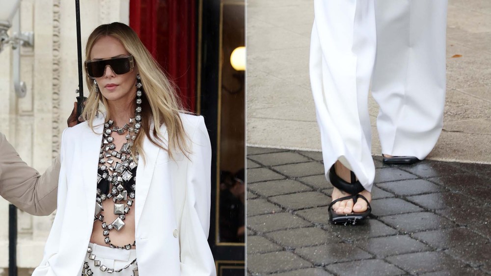 Charlize Theron on her way to Givenchy spring 2026 show durign Paris Fashion week in flip-flops with puff detailing on Friday.