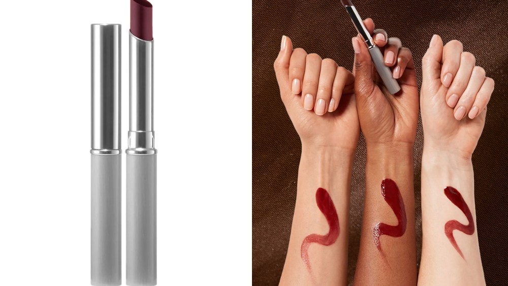 clinique black honey almost lipstick tube over white background; three arms of various skin tones with swatches of the lipstick on them, over brown background