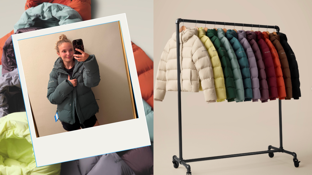 author taking a photo in her columbia puffer jacket in a dark green hue, overlaid on company imagery of multiple puffers in different shades