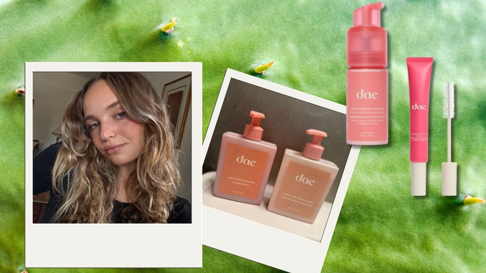 author posing for a selfie with her curly hair down; photos and professional stills of dae hair products over cactus background