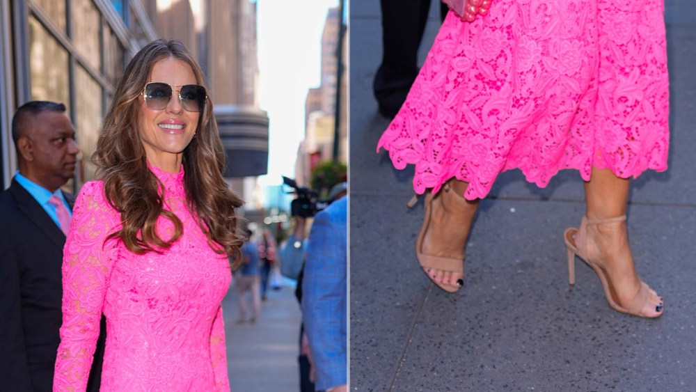 Elizabeth Hurley at a Breast Cancer Aareness event in New York on Wednesday wearing neutral sandal heels.