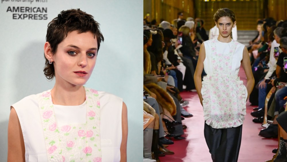 Emma Corrin wears a look from Miu Miu's spring 2026 ready-to-wear collection at the "100 Nights of Hero" Closing Gala at the 69th BFI London Film Festival on Oct. 19, 2025 in London.