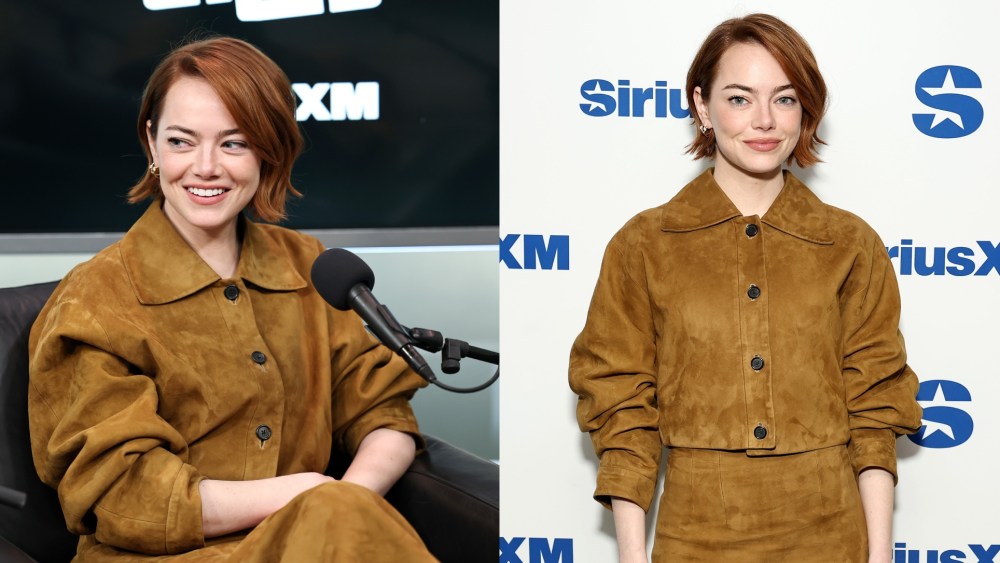 Emma Stone wears Khaite at SiriusXM's Town Hall with the cast of "Bugonia" hosted by Andy Cohen on Oct. 20, 2025 in New York City.