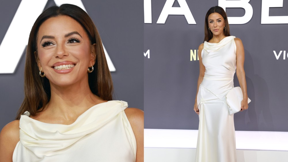 Eva Longoria wears a Victoria Beckham dress to Netflix’s Victoria Beckham world premiere on Oct. 8, 2025 in London.