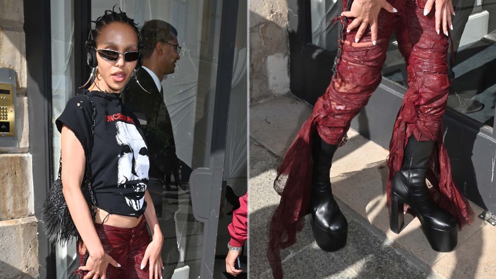 FKA Twigs in towering platform boots at the Matières Fécales spring 2026 show during Paris Fashion week on Tuesday.