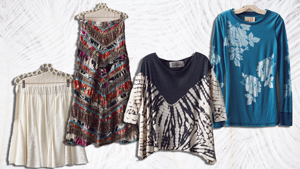 four styles from free people's new the originals collection over a background of white feathers
