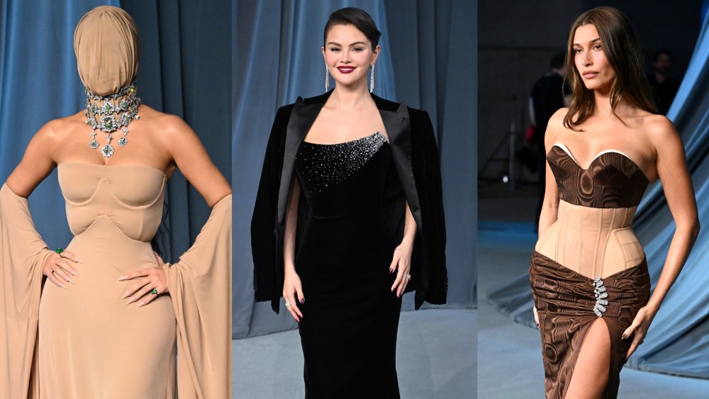 Kim Kardashian, Selena Gomez and Hailey Bieber at the Fifth Annual Academy Museum Gala held at the Academy Museum of Motion Pictures on October 18, 2025 in Los Angeles, California.