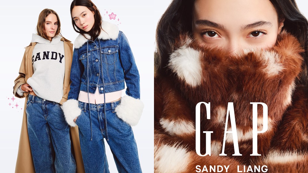 two female models showing off their gap x sandy liang jackets, denim, hoodies, and more;