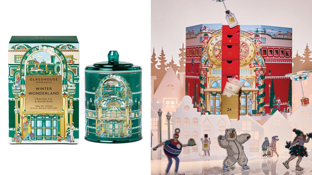 ornate candle next to its accompanying green box; a holiday scene featuring a beauty advent calendar