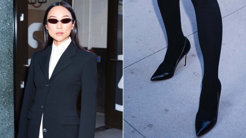 Greta Lee has a power pump moment in black leather pumps, likely Gianvito Rossi 105 pumps, outside of Good Morning America on Thursday.