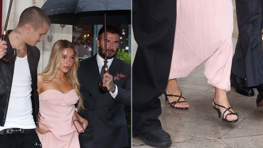 David Beckham, Romeo Beckham and Harper Beckham, who wears black strappy sandals with a kitten heel, leaving their hotel ahead of the Victoria Beckham Fashion show during Paris Fashion Week on Friday.