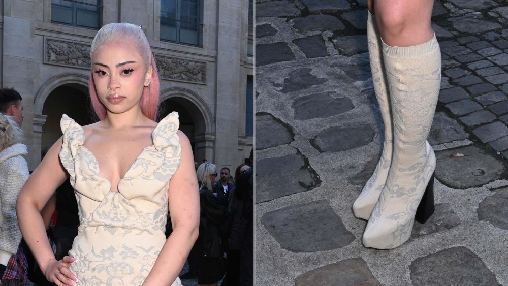 Ice Spice wears Vivienne Westwood knit boots during Paris Fashion Week on Saturday.