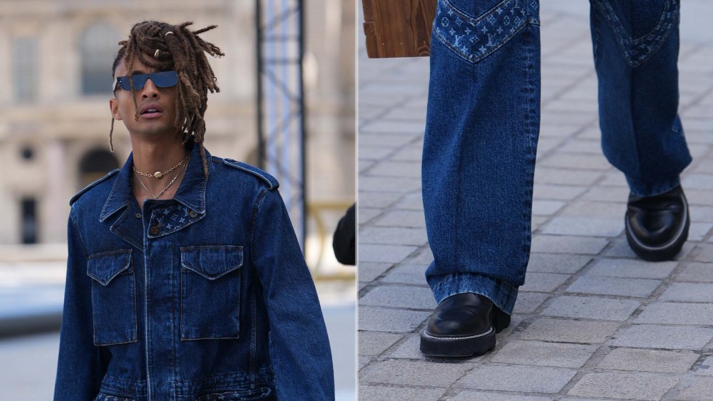 Jaden Smith arriving at the Louis Vuitton spring 2026 show in Paris wearing leather shoes with a platform and heel.