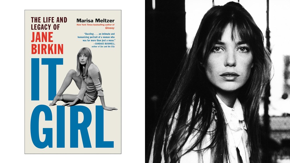 'it girl' biography cover over white background; jane birkin pictured in black and white with her hair down