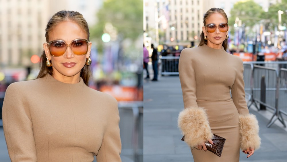 Jennifer Lopez wears Harith Hashim leaving NBC's "Today" show at Rockefeller Plaza on Oct. 6, 2025 in New York City.