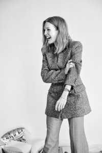 Valentino wool jacket and pants; Tiffany Victoria Tennis Bracelet in platinum with diamonds; Movado Heritage 1917 stainless steel watch with cherry leather strap.