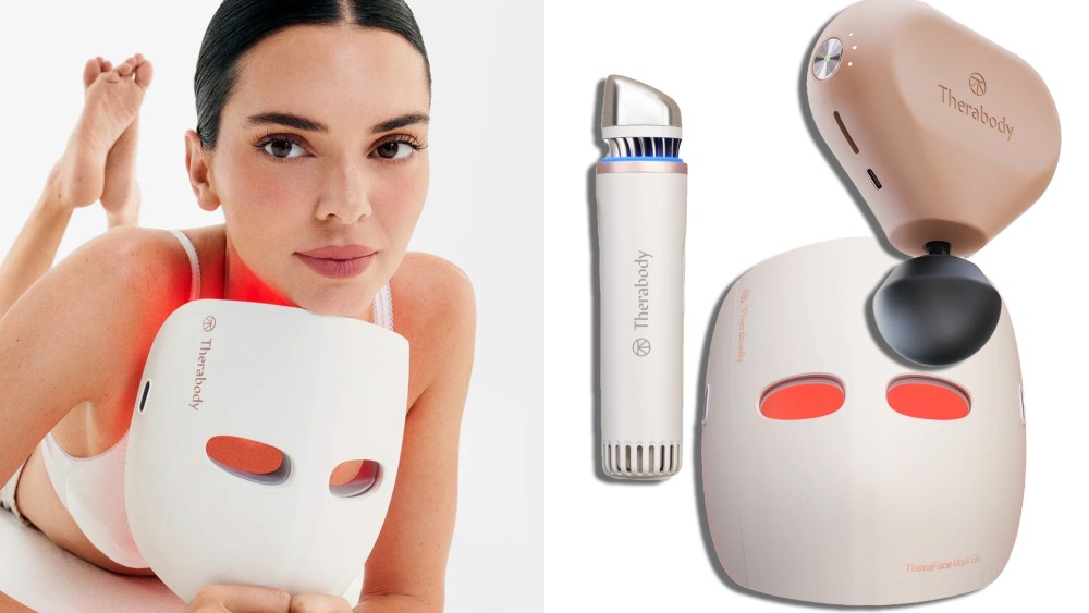 kendall jenner holding LED face mask from therabody; assortment of therabody bestsellers over a white background