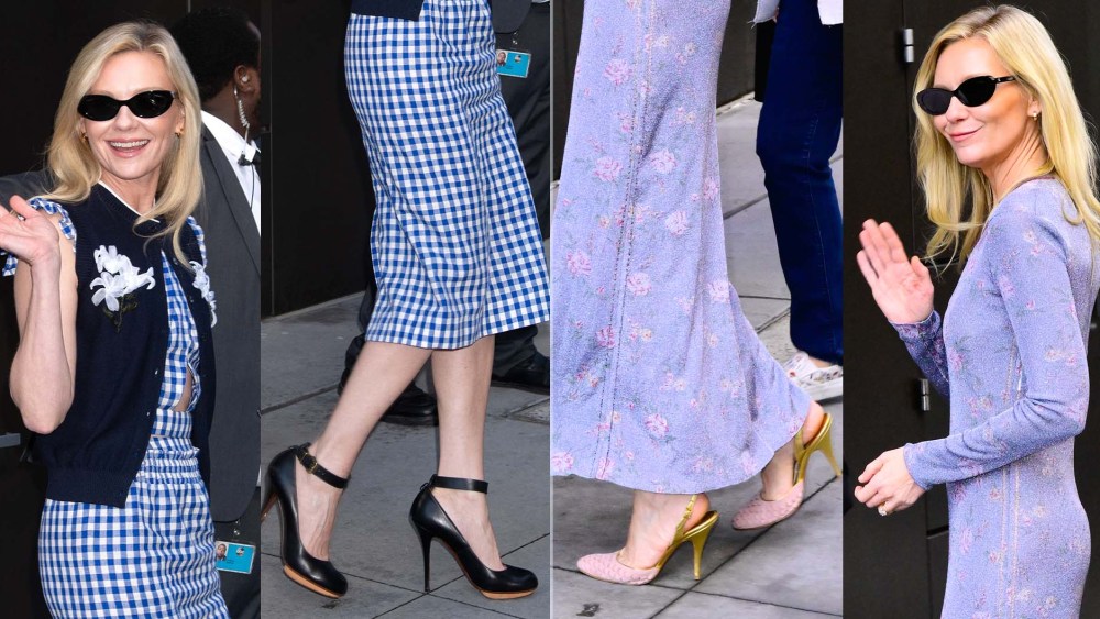 Kirsten Dunst wore black ankle-strap platform pumps and pink scallop slingbacks with gold heels while out i New York on Tuesday.