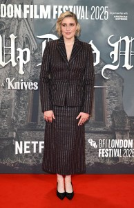 LONDON, ENGLAND - OCTOBER 08: Greta Gerwig attends the 'Wake Up Dead Man: A Knives Out Mystery' opening gala during the 69th BFI London Film Festival at The Royal Festival Hall on October 08, 2025 in London, England. (Photo by Kate Green/Getty Images for BFI)