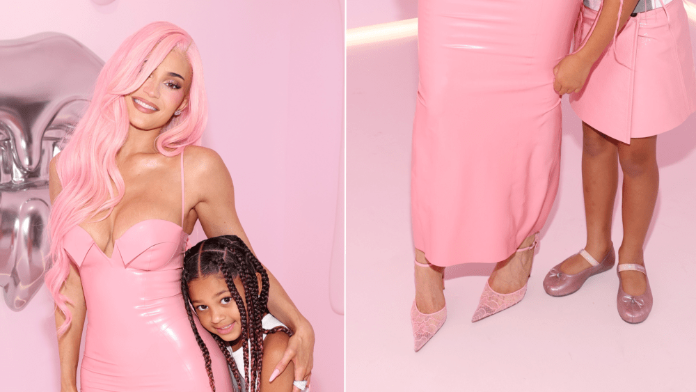 Kylie Jenner and her daugther Stormi Webster match in pink shoes, with Jenner in Amina Muaddi and Stormi in Mini Melissa flats, for the 10th Anniversary of Kylie Cosmetics on Friday.