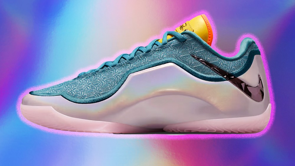 nike lebron sneaker over a holographic background