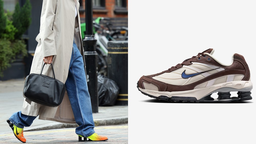 hailey bieber wearing nike shox shoe with trench coat on the street; nike shox sneaker in cream and brown over white background