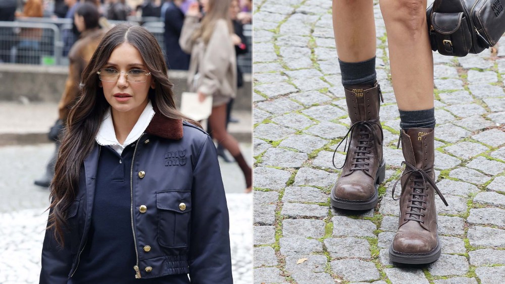 Nina Debrov wearing Miu Miu's distressed lace-up booties in cocoa brown at the house's spring 2026 show during Paris Fashion Week.