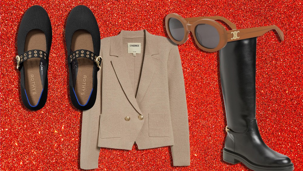 assortment of on sale fashions, from a blazer to black leather boots, over a sparkly red background