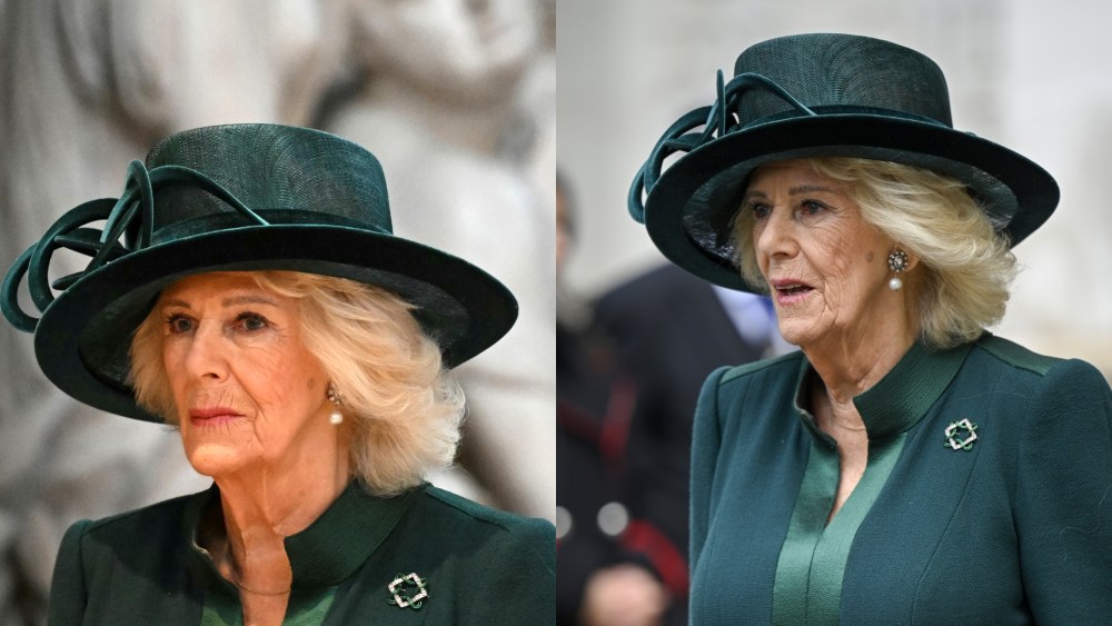 Queen Camilla wears an emerald green dress by Anna Valentine with coordinated brooch and hat at The National Harvest Festival Service at Westminster Abbey on Oct. 16, 2025 in London.