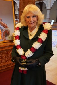 LONDON, ENGLAND - OCTOBER 29: Queen Camilla seen during a visit to BAPS Shri Swaminarayan Mandir (known as the 'Neasden Temple') on October 29, 2025 in Neasden, London. The royal couple observed spiritual ceremonies, met representatives from community and social impact initiatives the temple works with, before meeting members of the congregation. (Photo Arthur Edwards - WPA Pool/Getty Images)