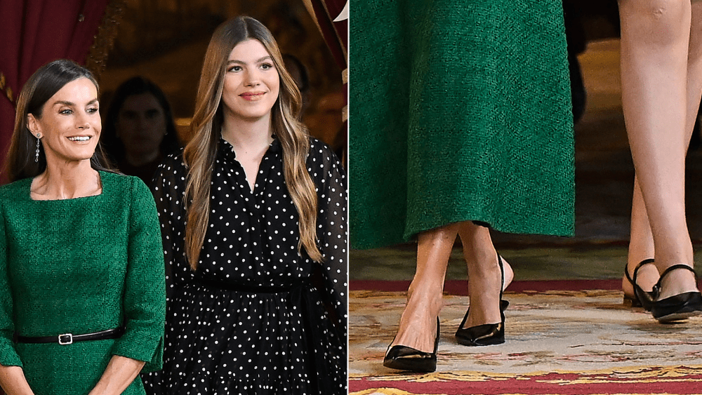 Queen Letizia of Spain and Princess Infanta Sofia of Spain coordinate in Spanish-made black slingbacks for National Day on Sunday.
