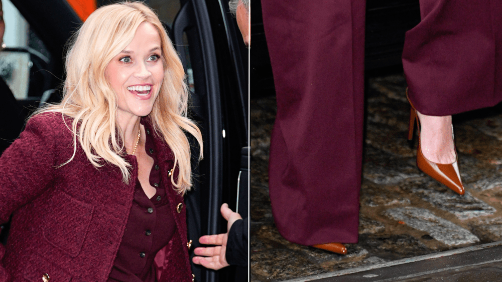 Reese Witherspoon wears glossy patent leather slingback stilettos in New York City on Monday.