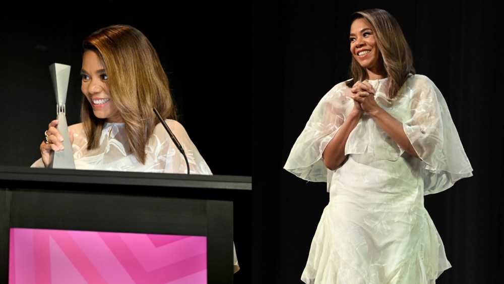 Regina Hall wears an ethereal white dress onstage at the Signature Screening of "One Battle After Another" during the 28th SCAD Savannah Film Festival on Oct. 26, 2025 in Savannah, Ga.