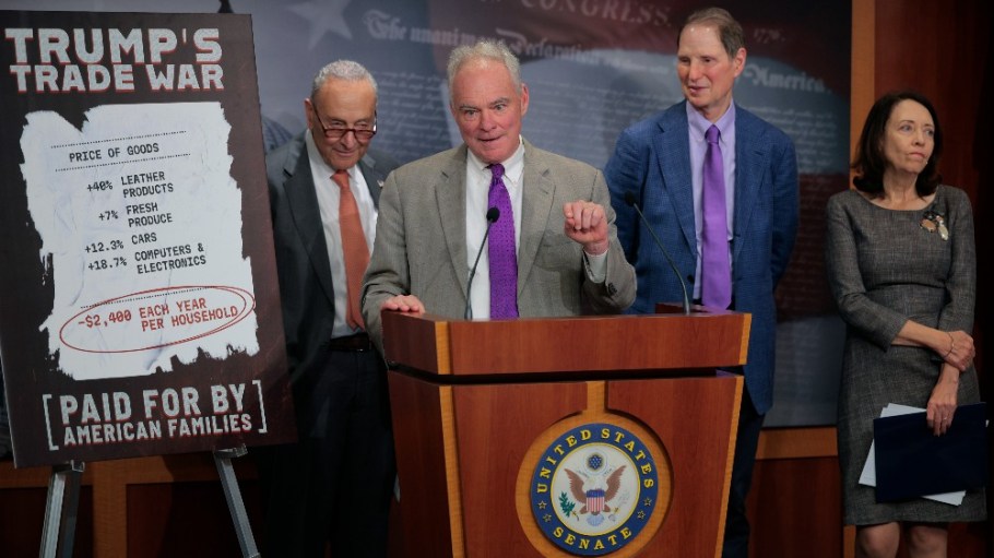 Senate Minority Leader Chuck Schumer, Sen. Tim Kaine, Sen. Ron Wyden and Sen. Maria Cantwell at a news conference criticizing President Donald Trump's trade policy at the U.S. Capitol on July 31.