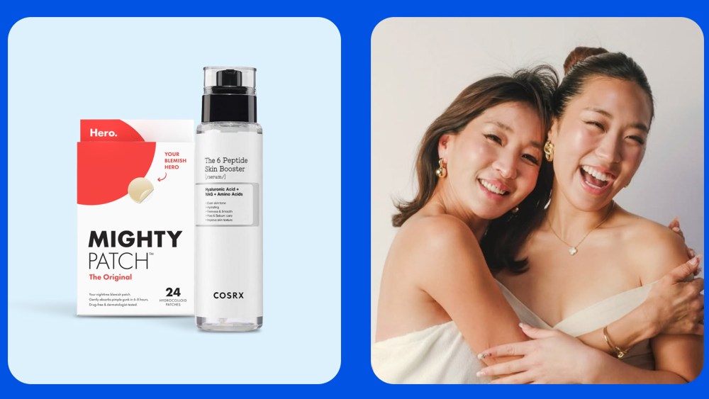 two k beauty products over a light blue background; influencer aylen park and mom sonia lee hugging each other while smiling