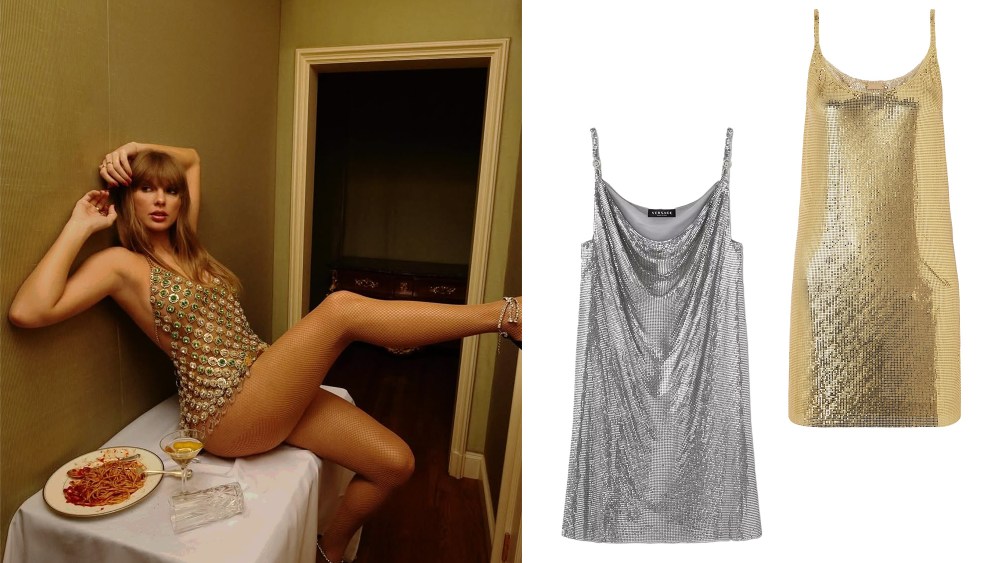 taylor swift wearing a chainmail dress while looking off to the side in her album art; two similar chainmail dresses in gold and silver over a white background