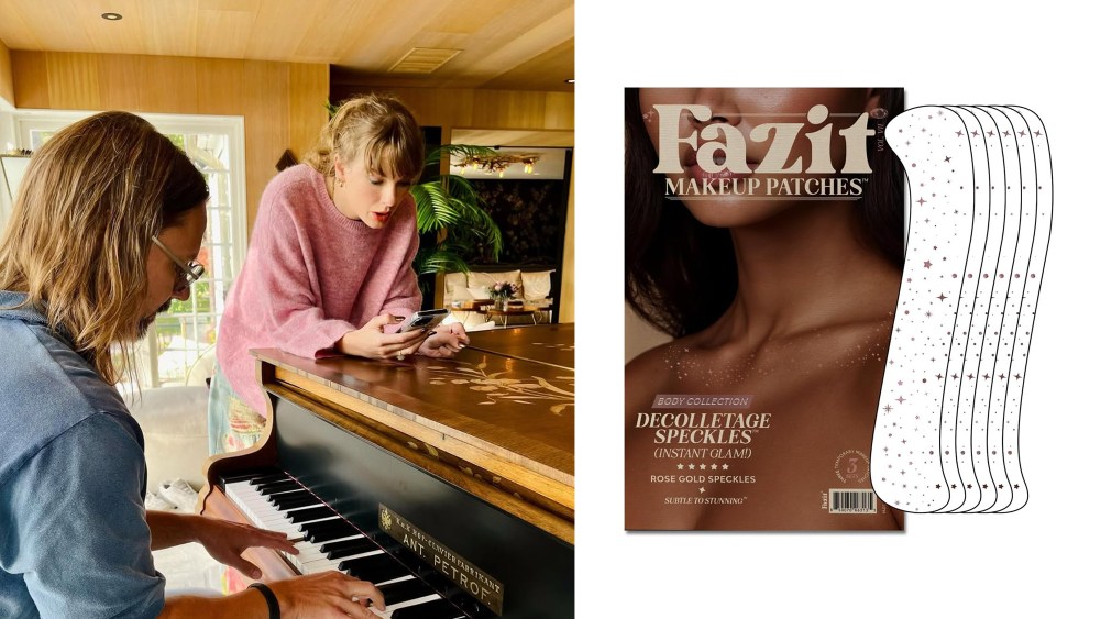 taylor swift standing over a piano while looking at her phone; fazit makeup patches over a white background