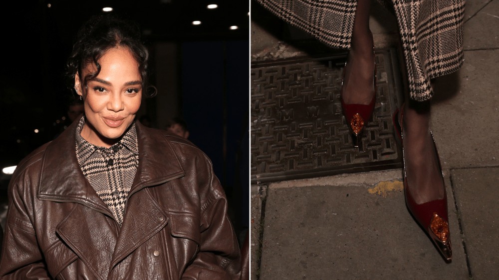Tessa Thompson wears Saint Laurent's Loulou patent leather slingback pumps in bordeaux and ambre at the BFI London Film Festival's Academy Party on Saturday.