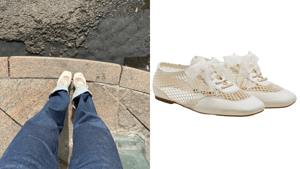 author wearing vivaia's cream mesh satin sneakerina style while walking in nyc; vivaia's cream mesh satin sneakerina style over a white background