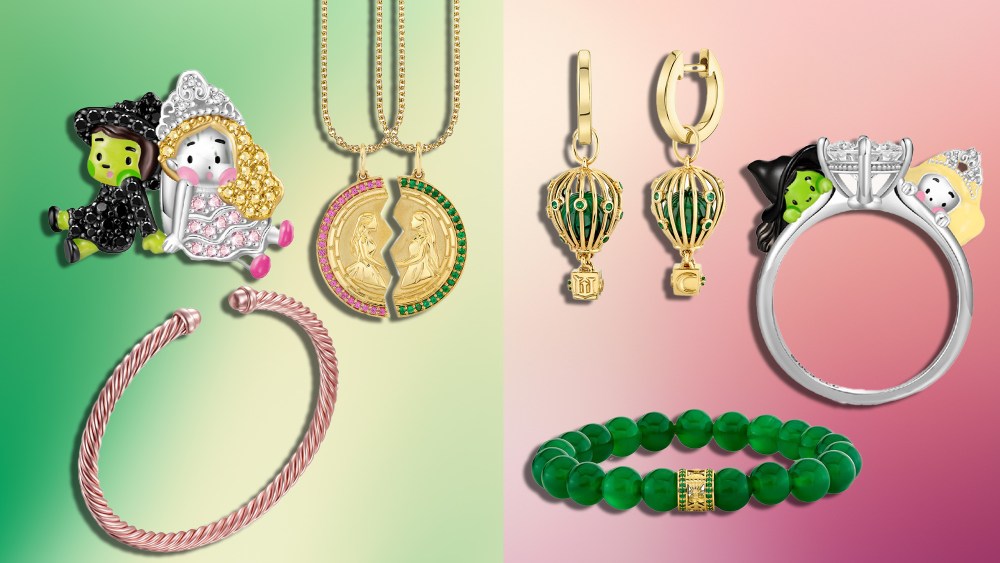 assortment of wicked-themed jewelry from hoop earrings to diamond rings over a dual-toned green and pink background