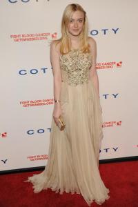Dakota Fanning attends the DKMS 6th annual Linked Against Blood Cancer gala at Cipriani. Fanning wears Elie Saab.