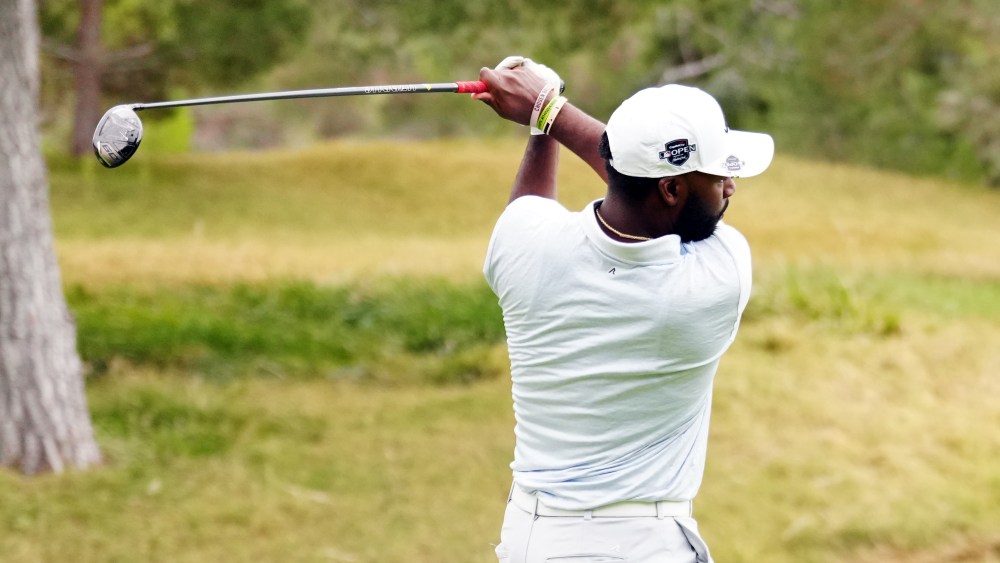 NORTH LAS VEGAS, NV - NOVEMBER 14:  Michael Harris II tees off during the Capital One MLB Open at Shadow Creek Golf Course on Friday, November 14, 2025 in North Las Vegas, Nevada. (Photo by Mary DeCicco/MLB Photos via Getty Images)